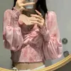 Elegante lange mouwen zomer lente chiffon blouse shirt vrouwen stropdas dye crop top roze korte tops blusas de mujer 210415