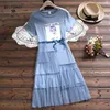 Fashion Women Letter Lips Printed T-Shirt Dress Summer Mesh Patchwork Short Sleeve Loose Preppy Style Sweet es 210520