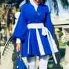 Повседневные синие кружева подняты подконнов для женщин V-вырез с длинным рукавом поступают цвет тунические корейские пальто самок весна мода 210531