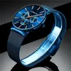 Armbandsur crrju varumärke män klockor kronograf klocka rostfritt stål blå mesh bälte kvarts sport manlig hombre reloj
