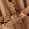 Vintage femme marron lâche PU ceintures chemise veste automne hiver mode dames épais survêtement femme décontracté surdimensionné manteaux 210515