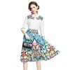 Höst Sweet Flower Print Suit Half Sleeve T-shirt Top + A-Line Midi Skirt Kvinnor 2st Set Tryckt blusar Outfit 210416