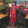 夏の女性のレトロプリントボヘミアンのビーチスタイルのドレス民族の刺繍入りランタンスリーブロング210531