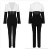 Free Chic Color Block Conjunto de dos piezas Rayas Voile Splicing Sexy Deep V Neck Club Party BlazerPants Suit 210524