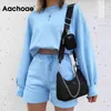 Aachoae Fashion Women Blue Two Piece Set Casual Loose Pullover Hoodies + Elastic Waist Sweatpants Shorts Ladies 2 Piece Outfit X0428