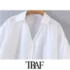 TRAF女性ファッションボタンアップ不規則なブラウスビンテージランタンスリーブサイドベントメスシャツBLUSAS CHIC TOPS 210401