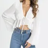 flare sleeve white chiffon blouse shirts women autumn winter v neck ruffle pelpum sheer crop tops tie front top 210427