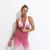 New Women Yoga Outfits Seamless Leggings Long Sleeve Crop Top Sports Bra Running Clothing Gym Suits Fitness Wear Workout Sports Suit Ombre Color