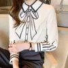 Silk casual shirt women's long-sleeved printed bow blouse summer Korean fashion clothing 210520