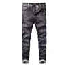 韓国のファッション男性ジーンズ高品質レトロブラックグレー弾性スリムフィットリッピング刺繍デザイナーカジュアルデニムパンツAZQ5