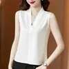 Summer Sleeveless Satin Women Blouse and Tops Casual Solid Color V Neck Fashion Clothing Plus Size Lady Shirts 13381 210510