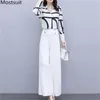 Autumn Fashion Office Two Piece Set Outfits Women Striped Chiffon Shirt + Wide Leg Pants Suits Elegant Ladies Clothes 210513