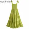 Fruta verde longo maxi vestido verão laço ombro shirred corpo bordado oco out mulheres tornozle comprimento cami 210604