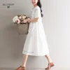 Japońska Mori Girl Summer Women White Dress Bawełniana Pościel Casual Loose Midi Elegancki Kwiatowy Haft Vintage Słodkie 210520