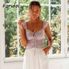 Ärmlös Lila Print Camis Toppar Vår Sommar Vit Lace Söt Blus Top Chic Elegant Ruffle Ladies Toppar Mode Kläder 210415