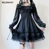 Japansk lolita stil kvinnor svart mini klänning kvadrat krage hög midja puff ärm gotiska spets ruffles cosplay es 210520