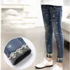 Kinder Fleece Jeans Winter Kinder Mädchen Ripped Print Chirldren Denim Casual Hosen Teenager Verdicken Warme 211102