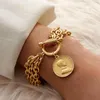 Gold Color Charm Chain Bracelets For Women Men Stainless Steel Coin Bracelet Fashion Jewelry Gift