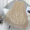 Jupes Femme Maille Pailleté Tulle Jupe Eté Automne Taille haute Plissé Perlage Coréen Chic Long Maxi Noir Rose