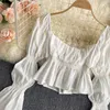 SINGREINY Frauen Koreanische Geraffte Bluse Elegante Solide Platz Kragen Ausgestellte Ärmel Tops Frühling Mode Streetwear Kurze Blusen 210419