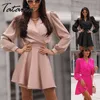 Vår Sexig V-Neck Lantern Sleeve Mini Dress Ladies Casual Elegant Kvinna Aline Sash Chic Mysig Hög Midja ES 210514