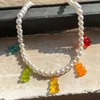 Wisiorek naszyjniki Rainbow śliczne galaretki niedźwiedź perła Choker Gummy naszyjnik z koralików dla kobiet fajny Punk Hip Hop kreskówka urok Y2K biżuteria