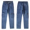 Mäns höga midja jeans rakt stor storlek dinem byxor manlig svart sida multi ficka blå lösa elastiska band lastbyxor 210716