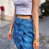 Plaid Vintage Belt Kvinnor Chic Streetwear Kontrollera Mini High Waist Ruted A Line Blue Skirt 210415