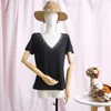 Jastie Short Sleeve T-shirt Broderi Lace V Neck Tees Kvinnor Sommar Kvinna T Shirt Vintage Elegant Skjortor Top Kläder 210720