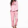 Two Piece Set Winter Pajamas for Women Long Sleeve V Letter Sleepwear Loungewear Satin Silk Pjamas Pyjamas Christmas Gift 211112