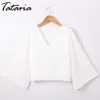 Tataria Blusa Branco Mulheres Tops Verão Manga Longa Chiffon Crop Top Roupas para Bluse Haut Femme Camcia Donna 210514