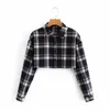 Streetwear Kobiety Czarne Koszulki Plaid Moda Damskie Obracać Kołnierz Topy Przyczynowe Kobiet Chic Przycisk Krótkie Bluzki 210527