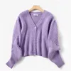 European American retro taro purple sweater women loose and lazy wild twist knit V-Neck Office Lady 210416