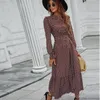 Casual Dresses Womens Summer Fashion Long Dress Sleeve O-Neck Ladies Polka Dot Dreeses Split Vestidos för Femela Boho Beach Holiday