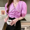 Loose Folds Women Tops Summer Chiffon Blouses Shirt Women's Clothing Flower Bead Elegant Korean fashion clothing 63A 210420
