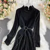 Elegant Women Bodycon Maxi Dress Belt Vest 2 Pieces Set Chic Solid Knit Dresses Office Lady Bottom Pleated Vestidos 210601