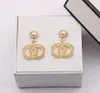 18K Gold Plated Simple Brand Designer Double Letter Pendant Stud Earrings Geometric Hollow Chain Women Inlay Pearl Earring Wedding Party Gift Jewerlry Accessories