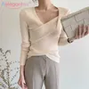 Aelegantmis Vintage col en V tricoté pull femmes côtelé croisé pulls Sexy mince doux solide pulls coréen femme Chic 210607