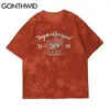 Tシャツメンズファッションストリートウェアヒップホップフルーツプリントネクタイ染料半袖ティーコットンカジュアル原宿ルースTシャツトップス210602