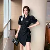 Women Summer Single Breasted Black White Flare Sleeves Casual Slim Simple Office Party Mini DressesVestido Da Festa 210514