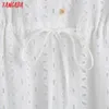 Tangadaの女性の刺繍のロマンチックなフリルの綿の服のノースリーブの腰の治療の女性Midi Dresses Vestidos 6z114 210609