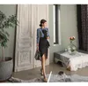 Yaz Bayanlar İki Parçalı Set Kadın Nokta Baskı Yay Uzun Kollu Bluzlar + Bodycon Düzensiz Ruffles Etek Elbise