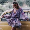 Foridol Cockcomb Cotton Bohemian Dress Women Long Sleeve Spring Autumn Beach Purple Short Dress Floral Print Casual Dress 210415