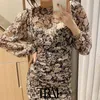 Women Fashion Metallic Thread Floral Print Pleated Mini Dress Vintage Long Sleeve With Lining Female Dresses Mujer 210507