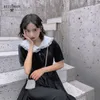 Lato Japońska Streetwear Midi Dress Harajuku Koronki Kołnierz Kobiety Gotycki Długi Rocznika Krótki Rękaw Bandaż Cosplay 210520