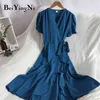 Beiyingni Kvinnor Midi Klänning Lace-up One-Piece Casual Elegant Sommar Kortärmad V-Neck Klänningar Mode Koreanska Kläder Svart Robe Y1204