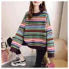 Höst Vinter Kvinnor Mode Pull Jumpers Striped Colorful Flare Sleeve Rainbow Chic Girls Sweater Oversize 210430
