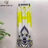 Qian Han Zi designer piste mode deux pièces ensemble haut à manches longues en plumes pour femmes / chemisier + motif vintage imprimé pantalon long costume 211105