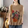 Lente literaire stijl retro plus size vrouwen ronde hals trui lange mouwen losse gedrukte gebreide trend 210427