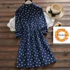 Japanese Mori Girl Women Autumn Winter Warm Dress Floral Printes Fleece Elegant Cute Kawaii Lace Up Robe Femme 210520